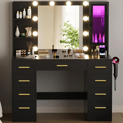 ERLEJIA Escritorio de tocador con espejo y luces, tocador de maquillaje grande de 43 pulgadas con 9 cajones, 3 estantes abiertos, iluminación LED