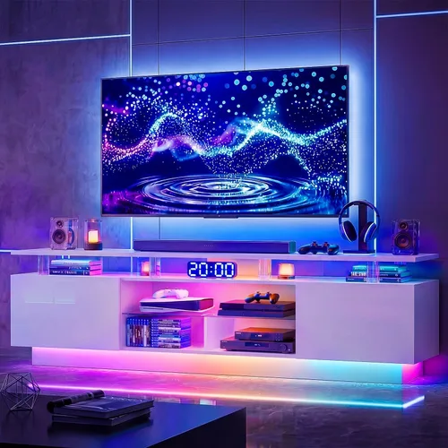 Miniatura 12 de Soporte de TV de alto brillo de 70 pulgadas con 2 armarios laterales, consola de TV moderna y elegante con luces LED de 3 capas, consola multimedia