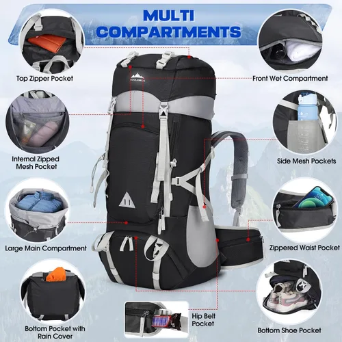 Miniatura 3 de IGOLUMON Mochila de senderismo de 60 litros impermeable mochila de camping con cubierta de lluvia, mochila grande y ligera para hombres y mujeres