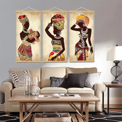 Miniatura 2 de 3 piezas de pintura en lienzo étnica africana de mujer negra, arte de pared vintage para sala de estar y dormitorio, arte en lienzo con marcos