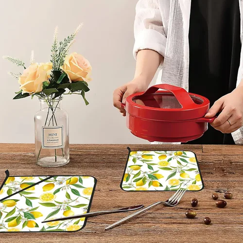 Miniatura 6 de Juego de 2 soportes para ollas de frutas de limón, resistentes al calor y antideslizantes, almohadillas calientes para horno de flores blancas