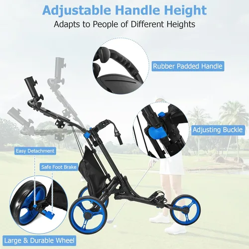 Miniatura 3 de Tangkula Carrito de golf de empuje, carrito de empuje plegable de aluminio ligero de 3 ruedas, carrito de golf con correa elástica, paraguas