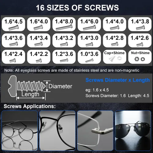 Miniatura 7 de STREBITO Kit de reparación de gafas, kit todo en uno para reparación de gafas con 16 tamaños de tornillos, 12 pares de almohadillas para la nariz