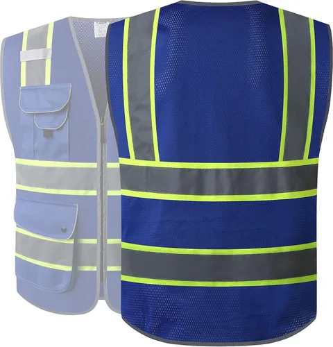 Miniatura 5 de JKSafety - Chaleco de seguridad azul con cremallera frontal de alta visibilidad, 9 bolsillos, azul con tiras reflectantes de doble tono, estándares