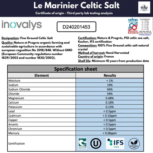 Miniatura 3 de Le Marinier Sal celta orgánica fina molida, 1.1lb - 18oz, paquete de 2. Rica en minerales, sin refinar, 100% natural, sal marina francesa mineral