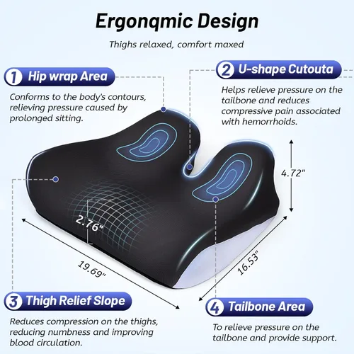 Miniatura 3 de Cojín de asiento extra grande para aliviar el dolor de coxis, cojín ergonómico para silla de oficina, cojín de espuma viscoelástica para coxis