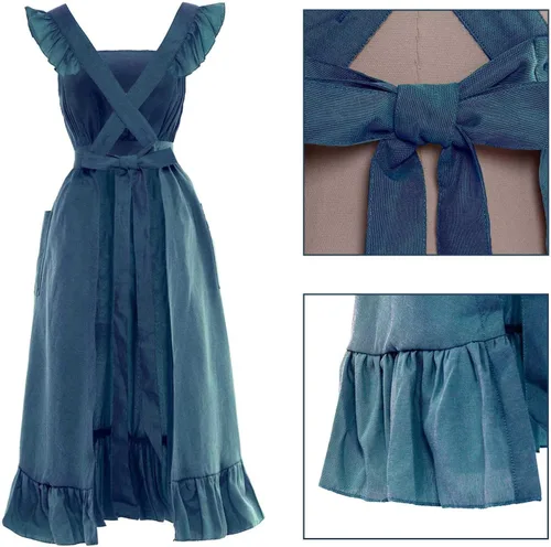 Miniatura 3 de Vibsion Delantal vintage con volantes para mujer, delantales de cocina de jardín con espalda cruzada Azul