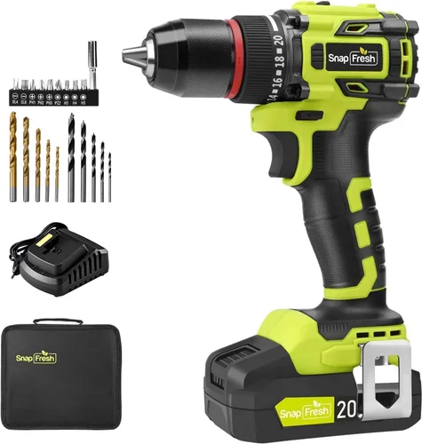 Miniatura 10 de SnapFresh Juego de taladro inalámbrico de 20 V, taladro eléctrico de 3/8 pulgadas con 2 velocidades variables, ajuste de par 21+1, LED, 43 brocas