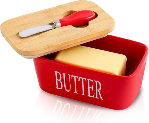 Hasense Mantequillera de porcelana con tapa de bambú - Mantequillera cubierta con cuchillo de mantequilla para encimera, recipiente hermético de Rojo
