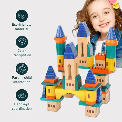 Miniatura 4 de Xylolin Juego de bloques de construcción de castillo de madera, juguete de bloques apilables de madera de haya maciza grande, juego de construcción