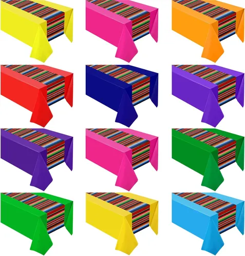Miniatura 18 de Oudain Mantel de plástico para fiesta, 3 piezas, 108 x 54 pulgadas, desechables, impermeables, mexicanos, a rayas, para noche de tacos, festivales