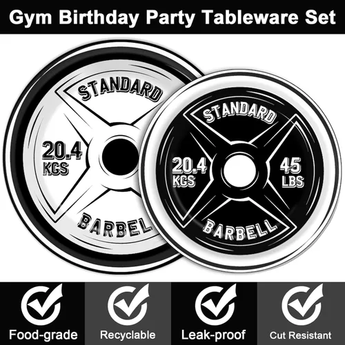 Miniatura 3 de OBUSATT 96 piezas de suministros para fiesta de cumpleaños de gimnasio, tema de culturista, platos de papel para levantamiento de pesas, platos
