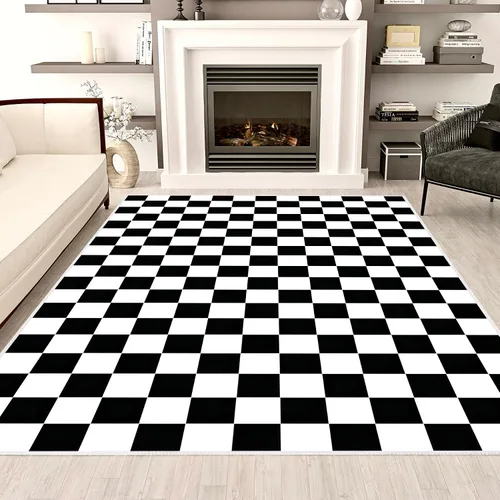 Miniatura 16 de Alfombra a cuadros de 2 x 3 pies, alfombra negra y blanca moderna para entrada interior, alfombra pequeña lavable a cuadros para baño, alfombra