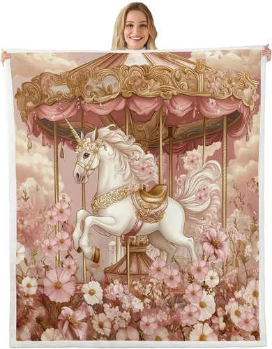 Miniatura 13 de Manta de franela de unicornio para todas las estaciones, manta romántica de carrusel de parque de atracciones, estilo princesa, diseño de cuento