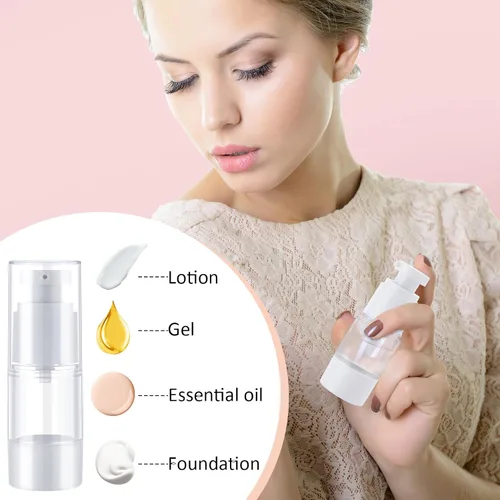 Miniatura 6 de Yaomiao 50 botellas de bomba sin aire de 0.5 oz 0.5 fl oz de plástico dispensador de loción cosmética botella de base de tamaño de viaje, contenedor