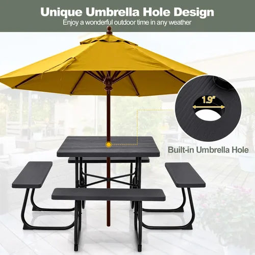 Miniatura 6 de Tangkula Mesa de picnic para 8 personas, mesa de picnic cuadrada al aire libre con 4 bancos integrados, agujero para paraguas, marco de metal y mesa