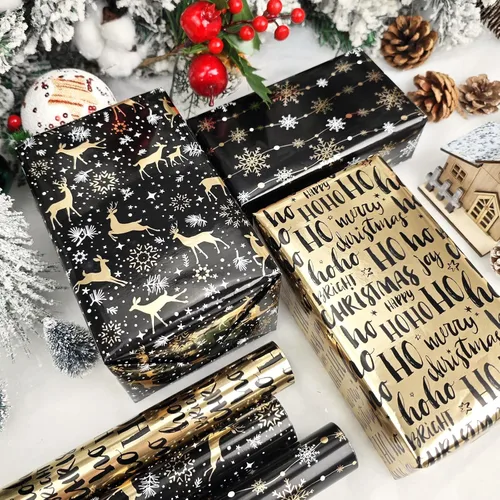 Miniatura 2 de LDGOOAEL Mini rollo corto de papel de regalo de Navidad con líneas de corte en el reverso (17 x 120 pulgadas por rollo), papel de regalo negro