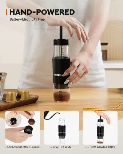 Miniatura 4 de Cafetera portátil para viajes y campamento, máquinas de café ligeras de viaje, operadas manualmente, compatible con café molido y cápsulas NS negro