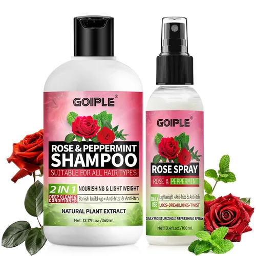 Champú y acondicionador 2 en 1 para todo tipo de rastas y peinados, brillo y ligero; agua de rosas para cabello Loc Spray hidratante refrescante