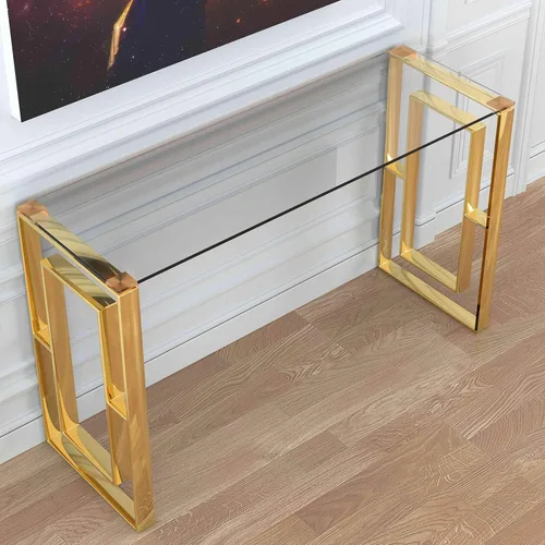 Miniatura 2 de Cortesi Home Laila Mesa consola de vidrio de acero inoxidable, 15.75 pulgadas de profundidad x 47 pulgadas de ancho x 30.5 pulgadas de alto, dorado