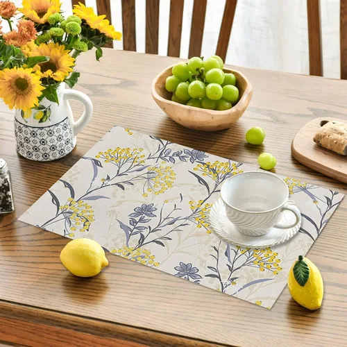 Miniatura 4 de Juego de 4 manteles individuales florales de lino y algodón, lavables, resistentes al calor, reutilizables, para cocina, comedor, 12 x 18 pulgadas