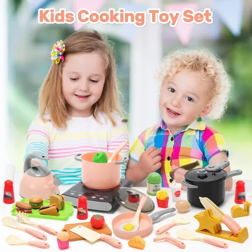 Miniatura 2 de CUTE STONE Juego de accesorios de cocina, juego de juguetes de cocina para niños con ollas y sartenes, placa de cocina electrónica de inducción
