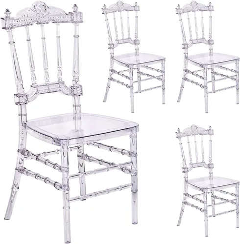 LLS Juego de 4 sillas de comedor fantasma transparentes, sillas auxiliares apilables de acrílico con respaldo alto de castillo, sillas de eventos de