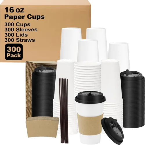 Miniatura 42 de Paquete de 100 tazas de café desechables de pared ondulada corrugada de 16 onzas con tapas y pajitas, tazas aisladas resistentes para bebidas