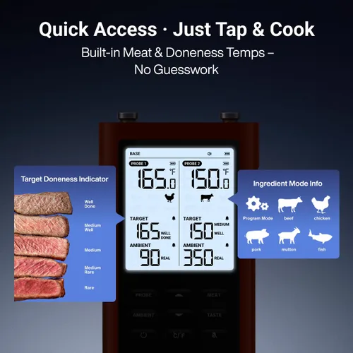 Miniatura 5 de ThermoMaven 3000 pies Termómetro inteligente inalámbrico para carne, rango largo Sub-1G, precisión certificada NIST de 6 sensores, 2 sondas Rojo