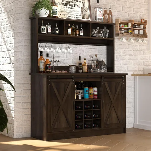 Miniatura 10 de 4ever2buy Barra de café de granja con gabinete, gabinete de buffet de 31 pulgadas con puerta corrediza de granero, armario de barra de Gris