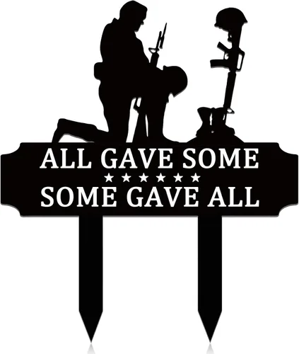 Buryeah Placa de metal con estacas conmemorativas para veteranos, soldados caídos, decoraciones de cementerio de tumbas, marcadores militares para