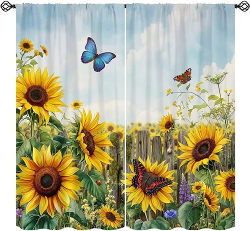 Sunflower Curtains for Living Room Bedroom, Spring Nature Blue Sky and Butterfly Window Drapes, Rustic Wooden Fence Floral Botanical Decor, 2 Panels