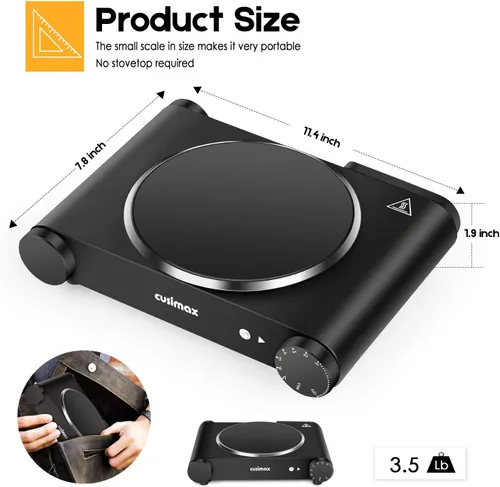 Miniatura 3 de CUSIMAX estufa eléctrica portátil, 1200 W, infrarroja, una hornilla, se calienta en segundos, 7 pulgadas de vidrio cerámico, para dormitorio