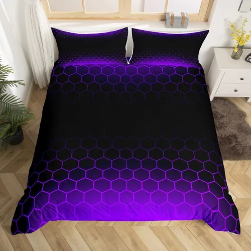 Miniatura 24 de Funda de edredón hexagonal verde estereoscópica de nido de abeja para niños, diseño geométrico de colmena, funda de edredón geométrica de panal