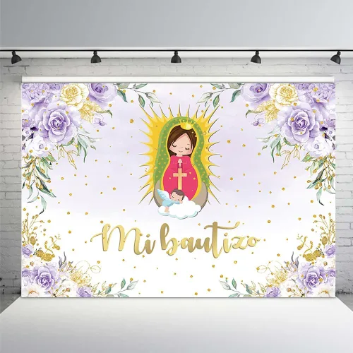 Miniatura 8 de MEHOFOND Telón de fondo de bautismo Mi Bautizo de 8 x 6 pies, acuarela, rosa, floral, hierba de las pampas, fondo de baby shower, fondo de baby