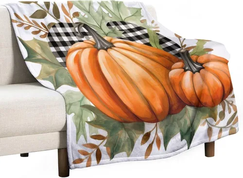 Miniatura 26 de Manta de lana cuadriculada con diseño de calabaza, hojas de arce, Acción de Gracias, manta de cama para otoño, Acción de Gracias, ligera, súper