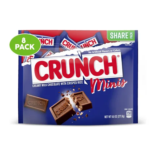 CRUNCH Minis - Barras de caramelo, chocolate cremoso con leche con arroz crujiente, envueltas individualmente, 8 bolsas resellables, 9.8 onzas cada