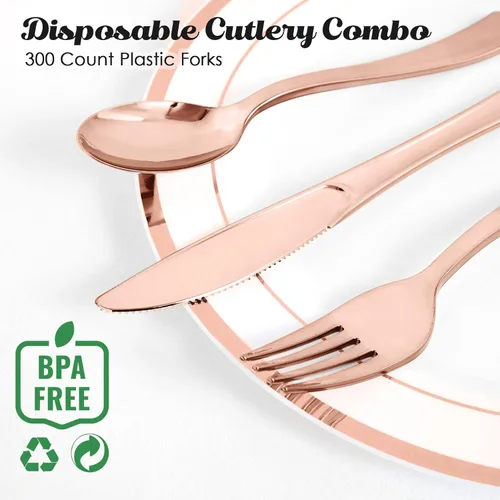 Miniatura 5 de FOCUSLINE Paquete de 300 tenedores desechables de plástico color oro rosa, tenedores de plástico sólido y duradero, cubiertos desechables