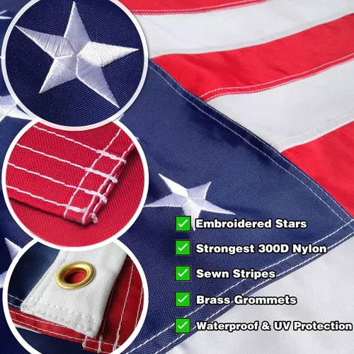 Miniatura 3 de Bandera estadounidense bordada de 2 x 3 pies, banderas de nailon 300D para exteriores con estrellas bordadas, rayas cosidas y ojales de latón. La