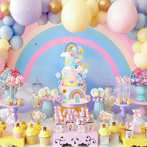 Miniatura 3 de MEMOVAN Decoración de Tarta Arcoíris con Macarones, Adornos de Tarta Groovy con Bolas de Macarrón, Adornos de Tarta de Flores de Margarita