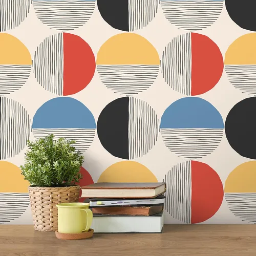 Miniatura 6 de VEELIKE Papel tapiz geométrico moderno para despegar y pegar, papel tapiz geométrico bohemio de mediados de siglo para dormitorio y baño, 17.7 x 118