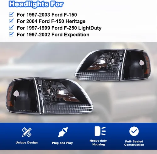 Miniatura 3 de ROXX Conjunto de faros delanteros con luces de esquina para Ford F150 1997-2003 y Ford Expedition 1997-2002/Para Ford F250 Light Duty 1997-1999, par