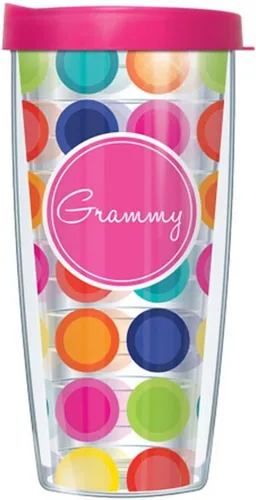 Signature Tumblers Grammy Hot Pink Insignia Wrap on Happy Circles - Taza de viaje de doble pared de 16 onzas con tapa de fácil sorbo rosa intenso