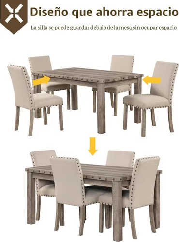 Miniatura 5 de Morden Fort Juego de Comedor Estilo Granja para 4, Mesa Rectangular de Madera de 60" y 4 Sillas Tapizadas con Detalles de Tachuelas, Juego de Mesa