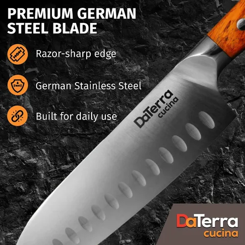 Miniatura 4 de DaTerra Cucina - Cuchillo Santoku de 7 pulgadas - Cuchillo de cocina profesional de acero alemán con mango ergonómico de palisandro, afilado