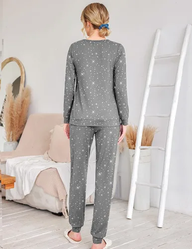 Miniatura 113 de Ekouaer Conjunto de pijama de manga larga para mujer, ropa de dormir suave con cuello redondo y bolsillos