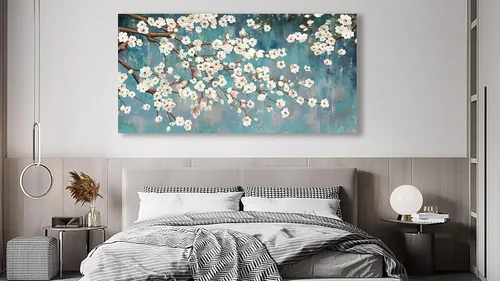 Miniatura 2 de Shoci Arte de pared de árbol de flores, lienzo grande de ramas florales blancas y marrones para sala de estar, pintura rústica, verde azulado
