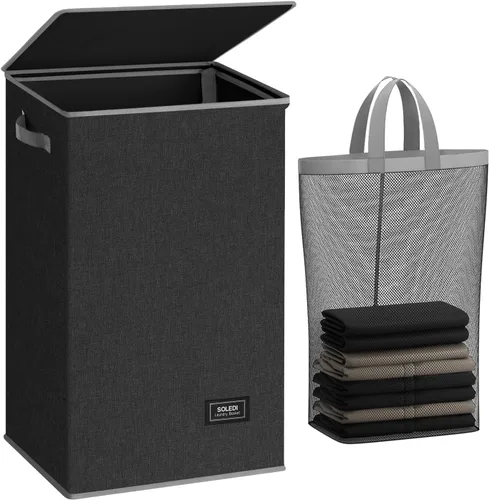 Miniatura 38 de SOLEDI - Canasta de lavandería con tapa de 100L, canasta de ropa plegable grande y alta, cesta de lavandería con bolsa removible fácil