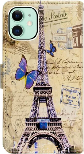 Miniatura 8 de Bcov Funda para iPhone 12 Pro/iPhone 12, Postal de la Torre Eiffel multifunción Funda de cuero con múltiples ranuras para tarjetas, correa de muñeca