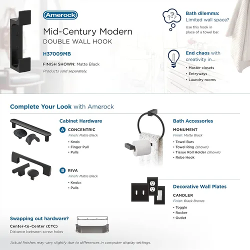Miniatura 6 de Amerock H37009MB Gancho decorativo de pared de doble punta Bray Gancho negro mate para abrigos, sombreros, mochilas, bolsas Ganchos para baño
